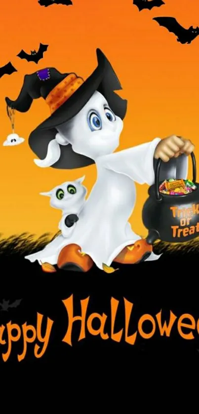 Cute ghost in witch hat Halloween wallpaper.