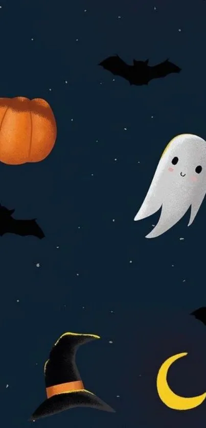 Halloween-themed mobile wallpaper with ghost, pumpkin, and bats on blue.