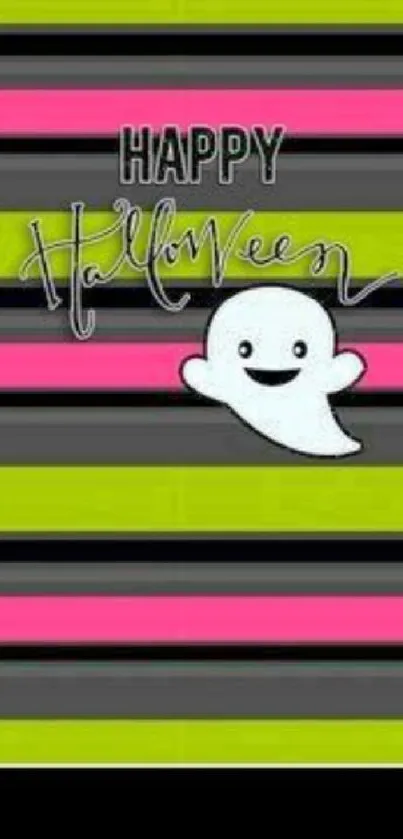 Cute Halloween ghost with colorful striped background.