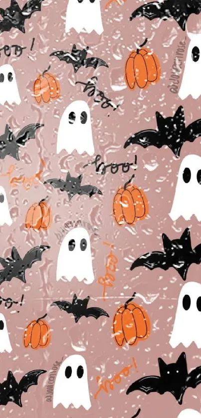 Halloween wallpaper with ghosts, bats, and pumpkins on brown background.