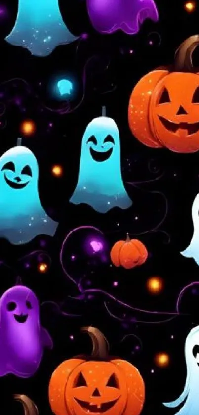 Halloween wallpaper featuring ghosts and pumpkins against a dark background.