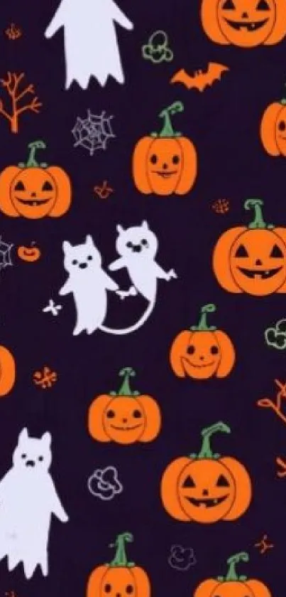 Halloween wallpaper featuring ghosts and pumpkins on a dark background.