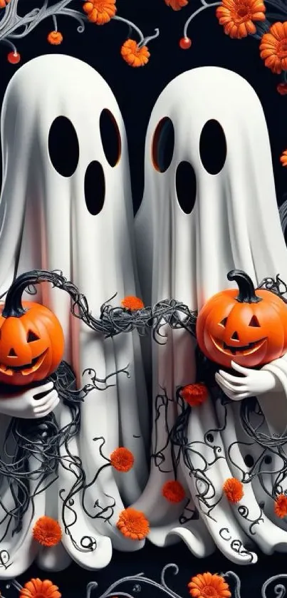 Spooky ghosts holding pumpkins in Halloween scene.