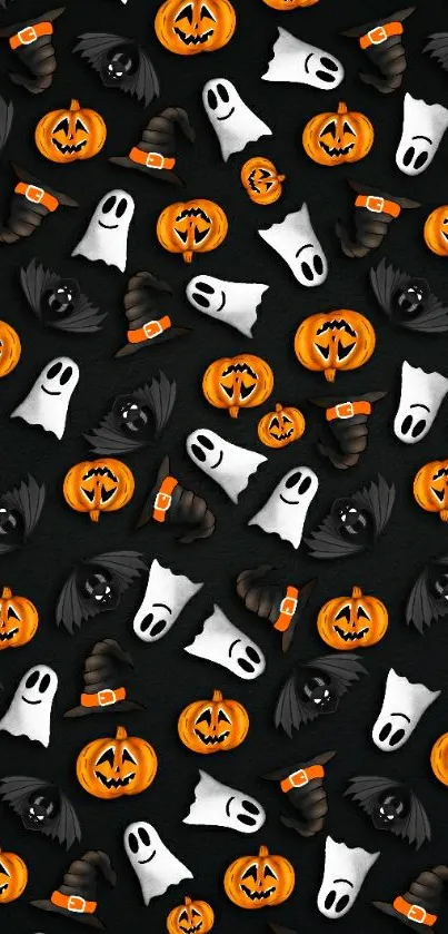 Dark Halloween wallpaper with pumpkins, ghosts, bats, and witch hats.