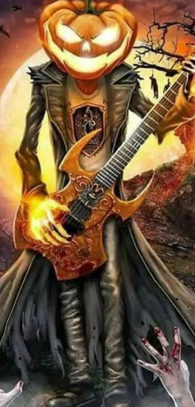 Pumpkin-headed character playing an electric guitar with Halloween atmosphere.