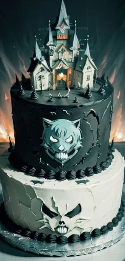 Halloween themed cake with haunted castle design