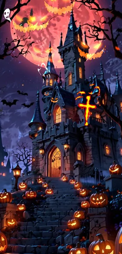 Haunted castle under blood moon with pumpkins.
