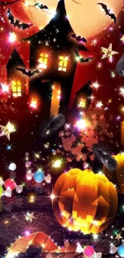 Halloween wallpaper with haunted house, glowing pumpkins, and mystical design.