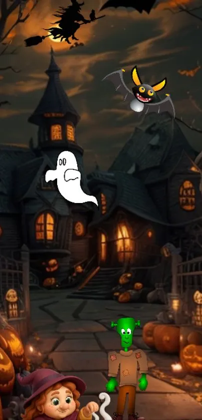 Haunted house with pumpkins and ghosts on Halloween night.