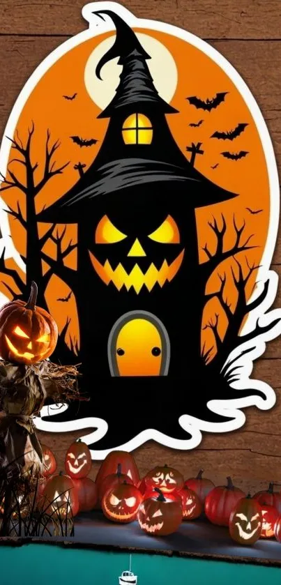 Spooky Halloween wallpaper with a haunted house and pumpkin.