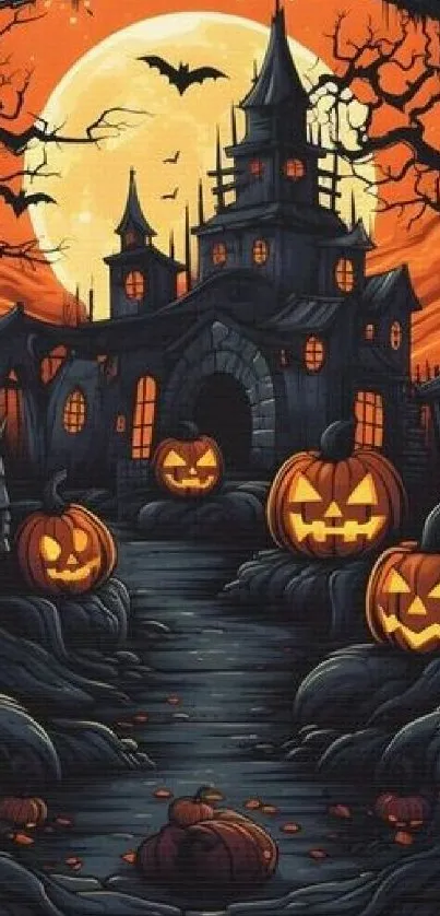 Haunted house with pumpkin lights on Halloween night