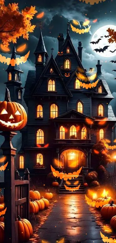 Spooky haunted house with pumpkins under a full moon and bats flying