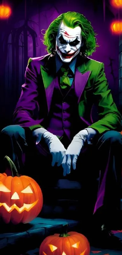Joker sitting with Halloween pumpkins in a dark night setting.