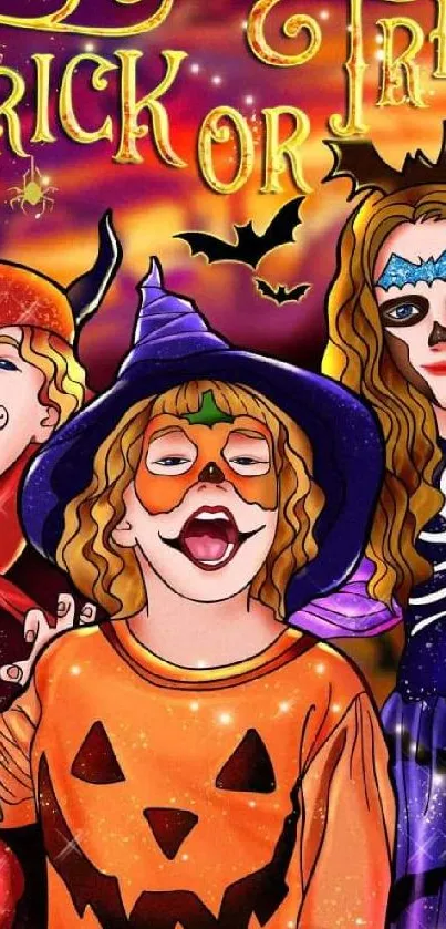 Vibrant Halloween wallpaper with kids in costumes celebrating trick or treat.