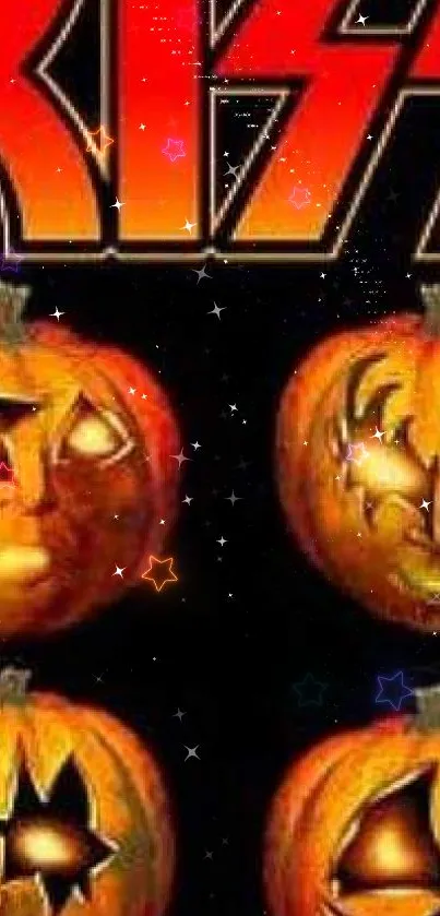 Halloween wallpaper with Kiss band inspired pumpkin carvings.