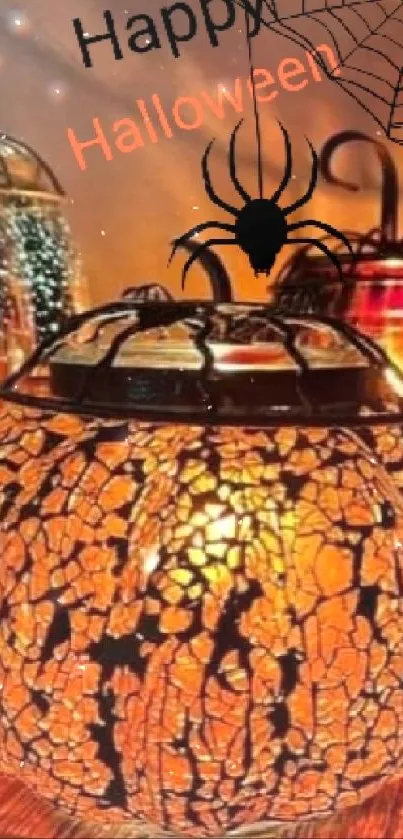 Halloween lanterns with autumn decor and spider web design.