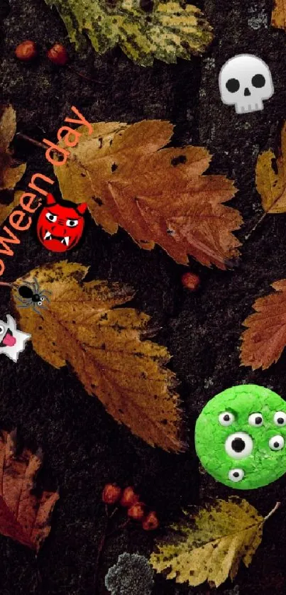 Halloween-themed mobile wallpaper with colorful leaves and Halloween icons.