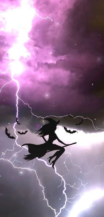 Silhouette of a witch flying amid purple lightning in a stormy sky.