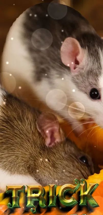 Cute mice exploring a pumpkin in a Halloween-themed mobile wallpaper.