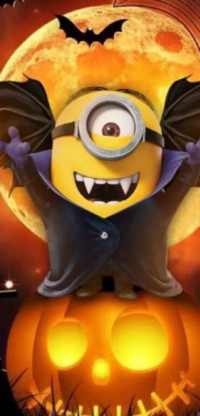 Halloween Minion with vampire cape on pumpkin background.