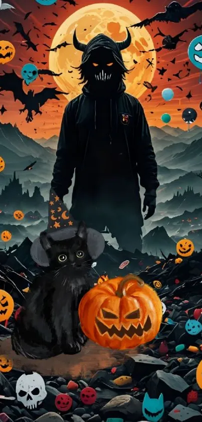 Halloween wallpaper with shadowy figure and pumpkins.