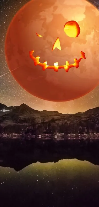 Halloween-themed wallpaper with a glowing jack-o'-lantern moon over a starry landscape.