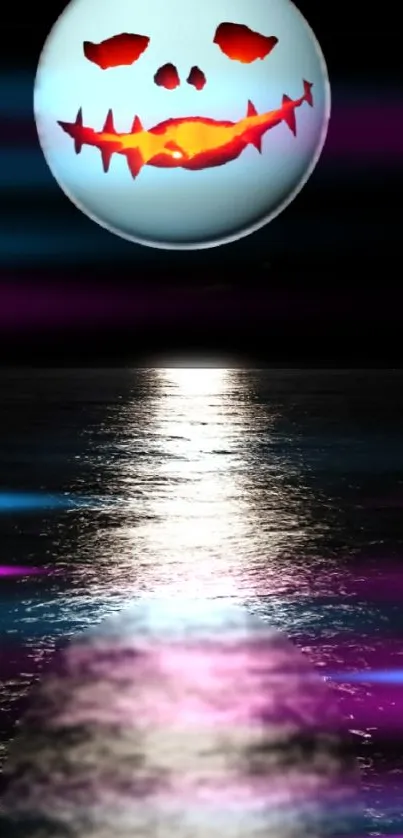 Spooky Halloween-themed moonlit ocean wallpaper with a glowing face.