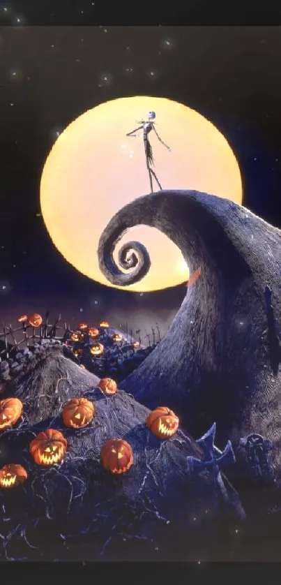 Halloween scene with moon, pumpkins, twisted hill in dark theme.