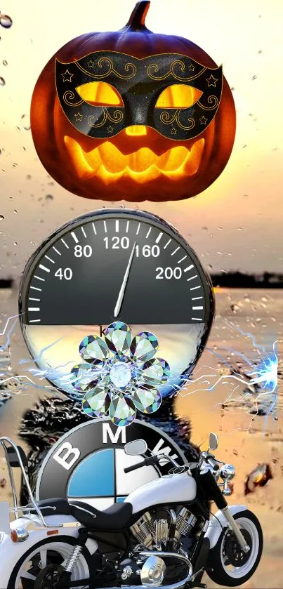 Motorcycle and Halloween pumpkin art with vibrant sunset and speedometer.