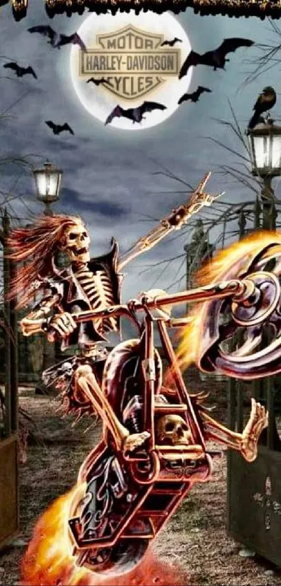 Skeleton rides fiery motorcycle amidst a spooky Halloween scene.