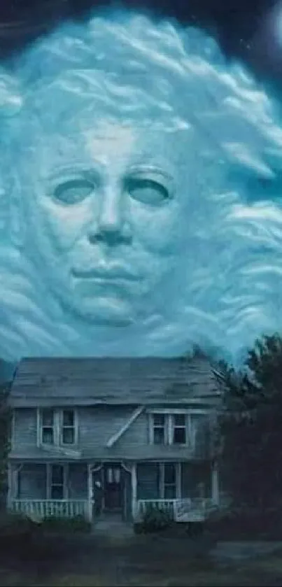 Haunting Halloween movie poster with eerie sky and house.