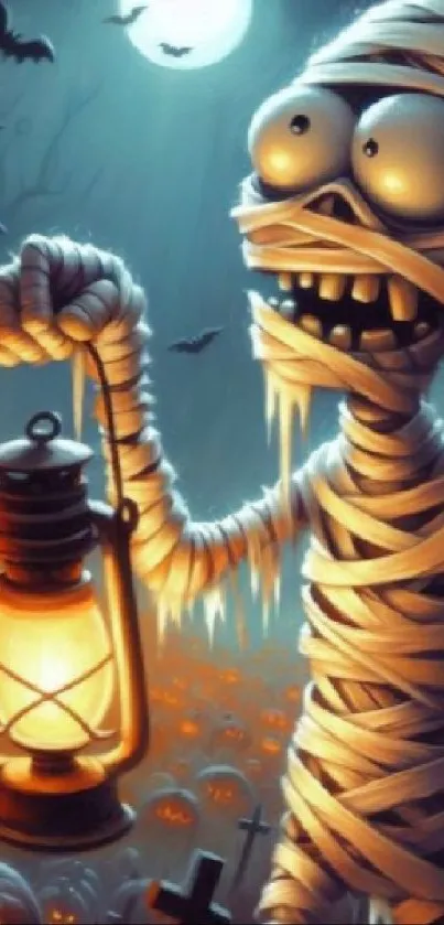 Cartoon mummy with lantern in a spooky Halloween setting.