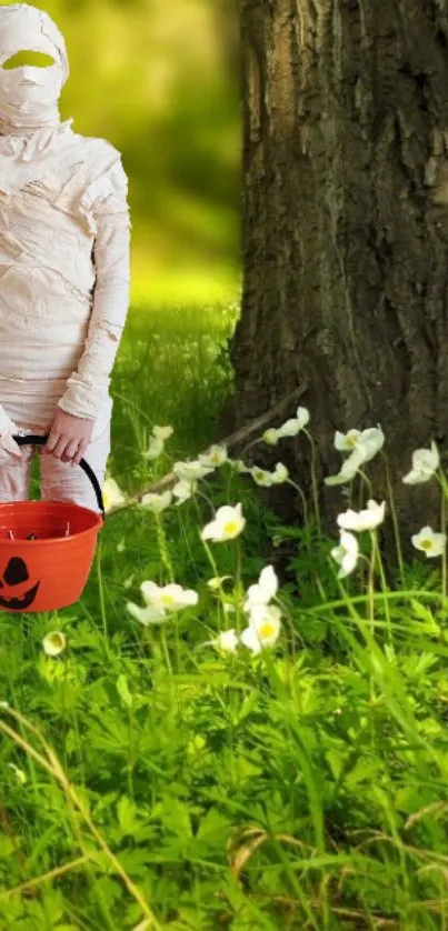 Mummy with pumpkin bucket in a bright, green forest setting, perfect for Halloween.