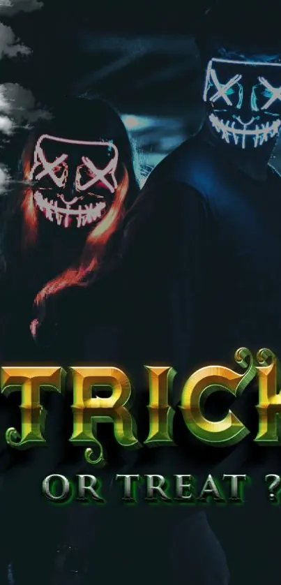 Halloween wallpaper with glowing neon masks and 'Trick or Treat' text.