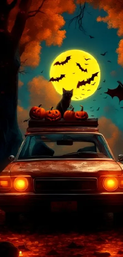 Spooky Halloween scene with car, pumpkins, full moon, and bats.