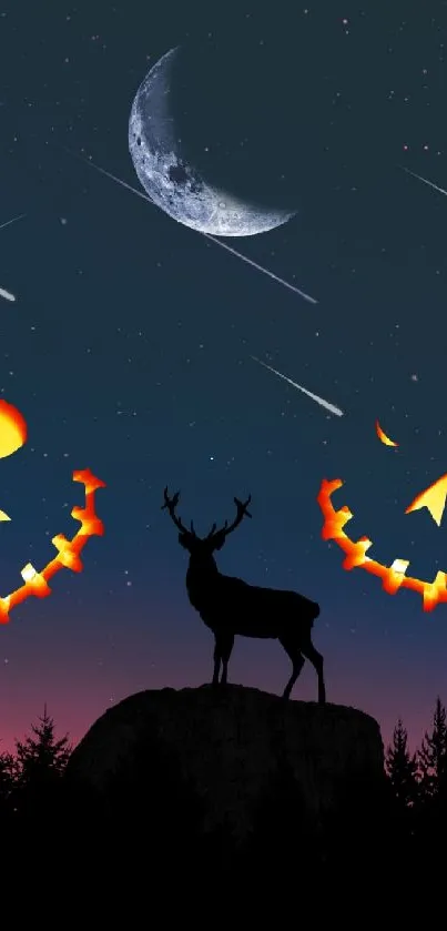 Silhouette of a deer with a Halloween night sky background featuring a crescent moon.