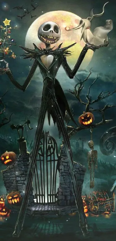 Skeletal figure with pumpkins under a full moon in a Halloween-themed scene.