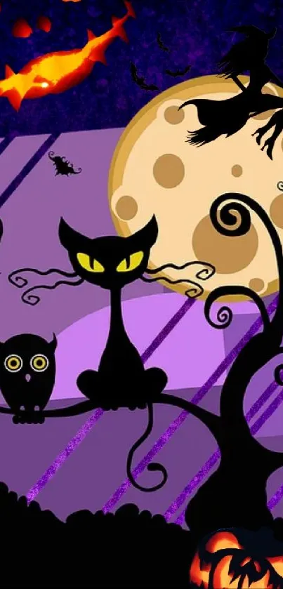 Halloween wallpaper with witch, cat, and pumpkin under a full moon.