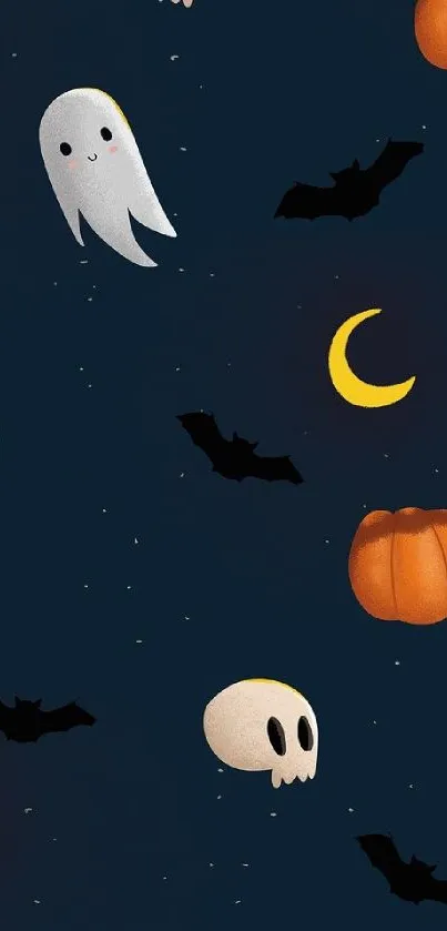 Halloween mobile wallpaper with ghosts, pumpkins, bats, and skulls.