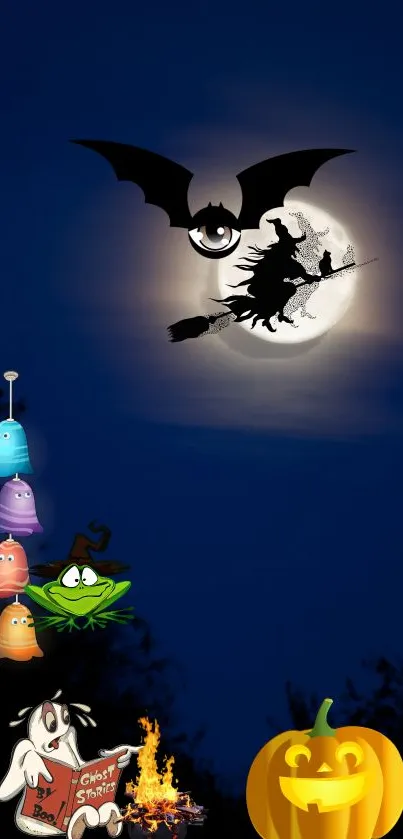 Halloween wallpaper with witch and full moon in deep blue night.