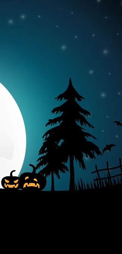 Halloween night wallpaper with pumpkins, moon, stars, and trees in silhouette.