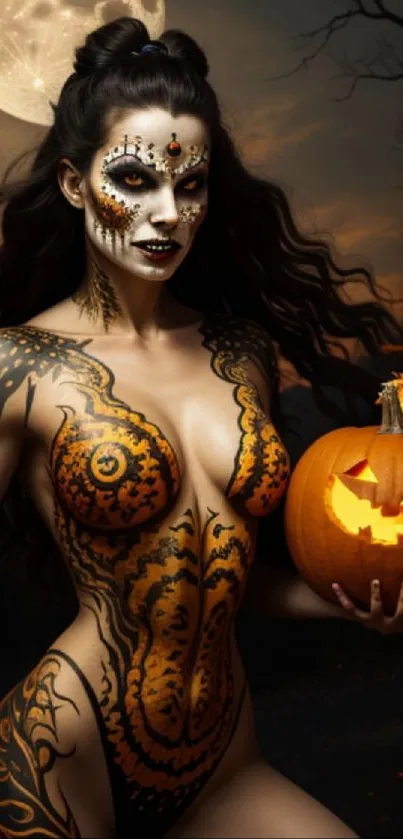 Halloween body art and jack-o'-lantern under a full moon.