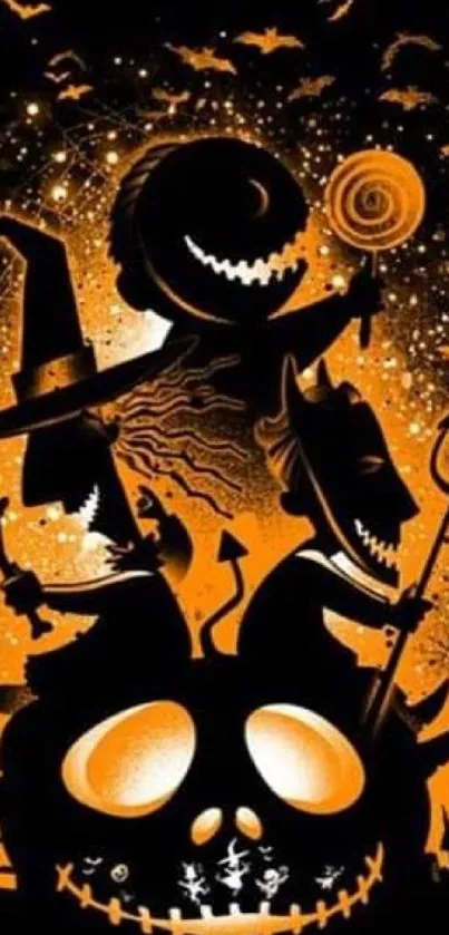 Halloween silhouette art with orange background.