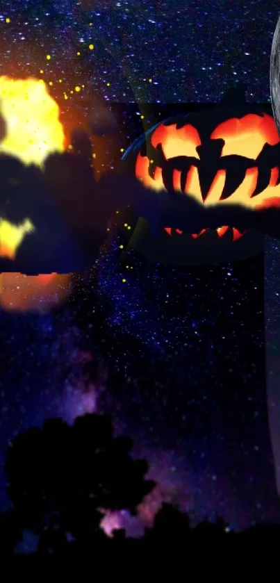 Halloween night sky wallpaper with pumpkins, stars, and a glowing moon.