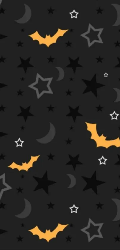 Halloween mobile wallpaper with bats, stars, and moons on a dark background.