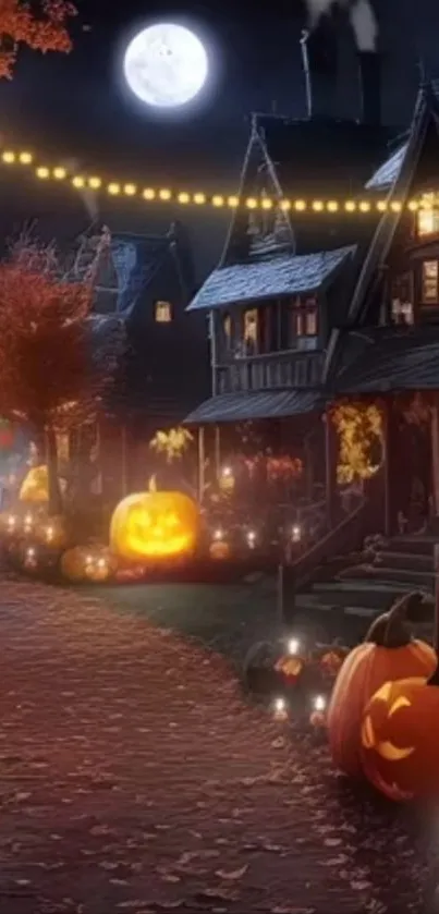 Halloween village scene with pumpkins and full moon.