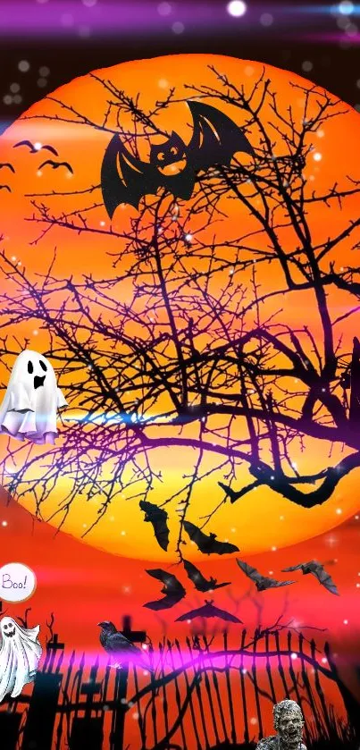 Spooky Halloween wallpaper with orange moon and ghostly figures.