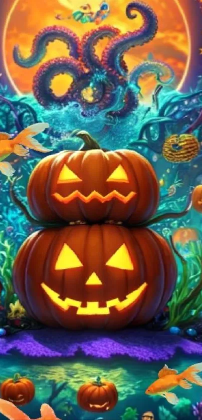 Halloween ocean fantasy wallpaper with pumpkins and vibrant colors.
