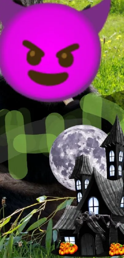 Panda with devil emoji face and haunted castle in lush green setting.