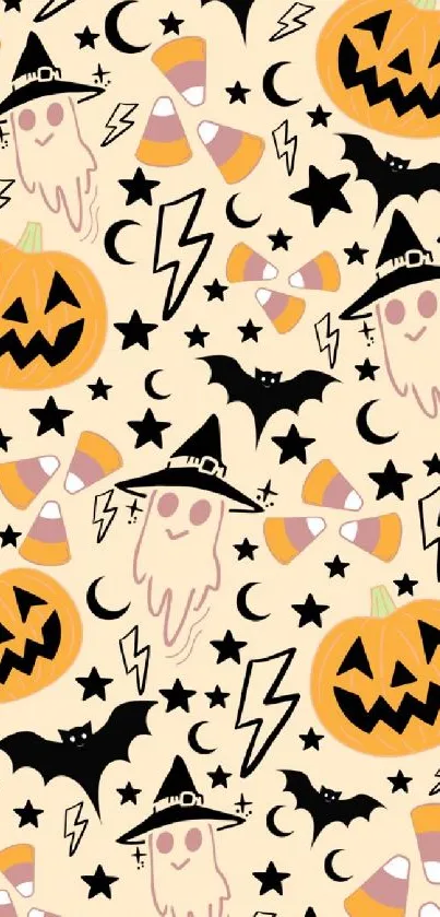 Festive Halloween pattern wallpaper with pumpkins, ghosts, and stars.